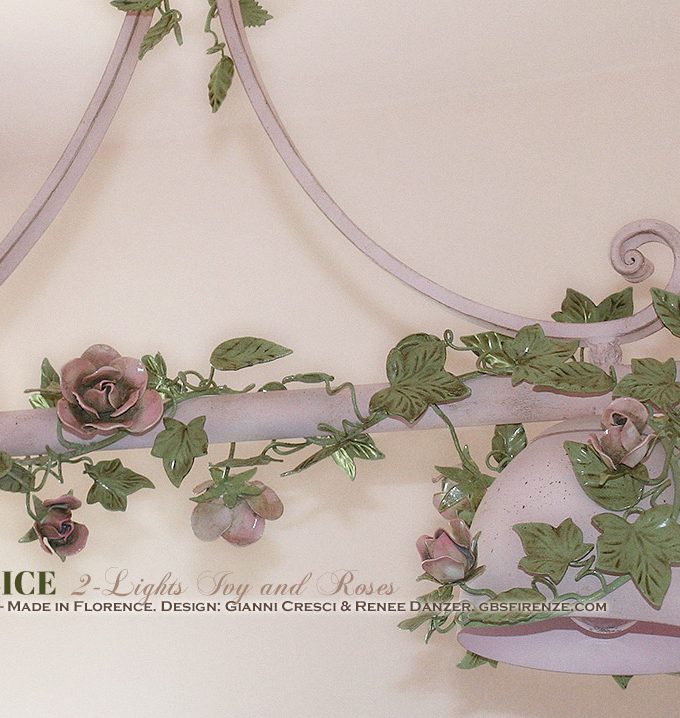 Bilanciere Alice edera e rose. 2 Luci. Rosa petalo, verde tulipano