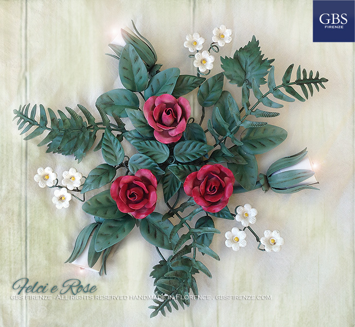 Felci e Rose. Plafoniera a 3 luci. Ferro battuto e decorato a mano. Hand-painted wrought iron. Country collection. Made in Florence. Since 1925.