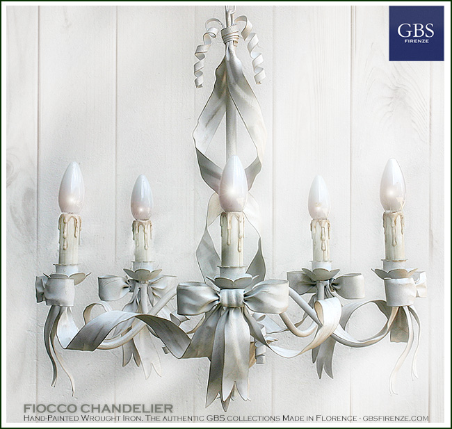 The real Fiocco Chandelier by GBS. Wrought iron. Here in the 5 Lights version, antique white tempera.