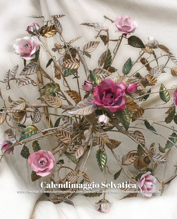Lampadario Calendimaggio di Rose 5 Luci Oro Cenciato e Tempera