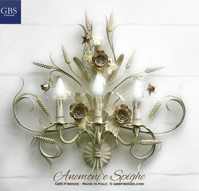 Anemones and Spikes, 3 Lights Applique. Tempera and gold leaf. Wrought iron and hand decorated.
