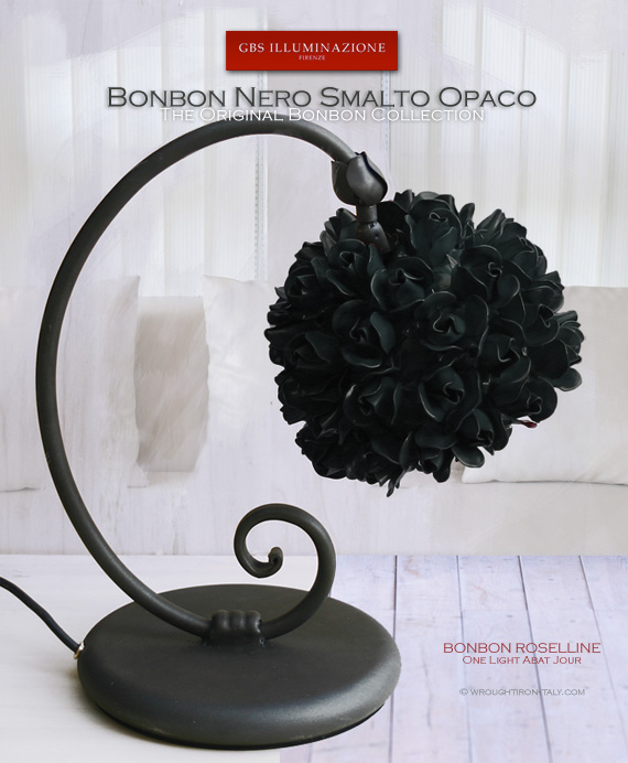 Bonbon Lamp Roselline in smalto nero opaco. Lampada da tavolo. Abat Jour in ferro battuto