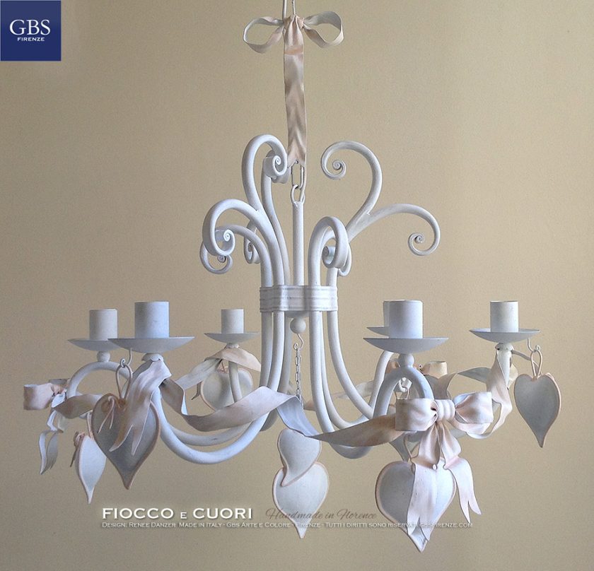 Lampadario Fiocco e Cuori a 6 Luci - Ferro Battuto - Shabby Collection