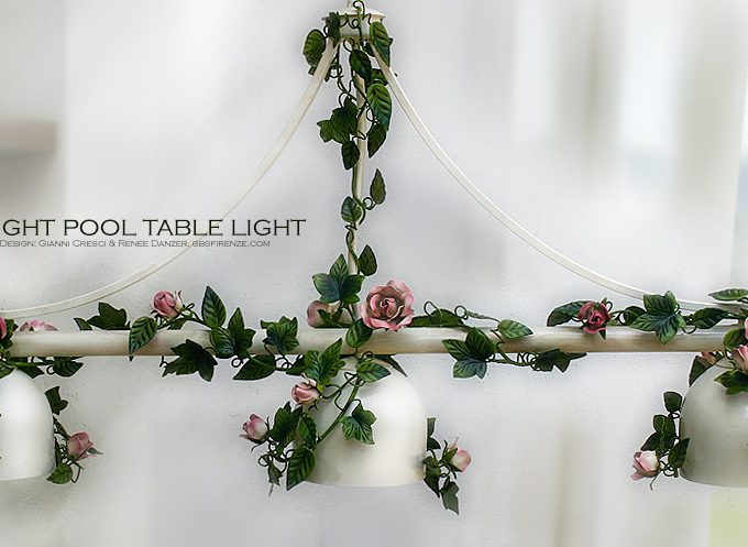 Bilanciere Alice edera e rose. 3 Luci. Pool table light Ferro battuto Rose rampicanti