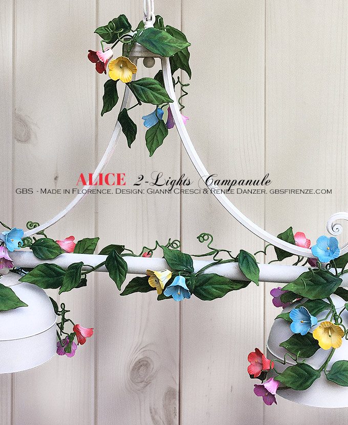 Lampadario Sospensione Campanule. Bilanciere Alice con Campanule. 2 Luci. GBS Firenze, Ferro battuto decorato a mano.