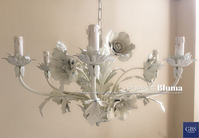 Lampadario Poppies Bluma. 6 Luci. Papaveri. Tempera bianca