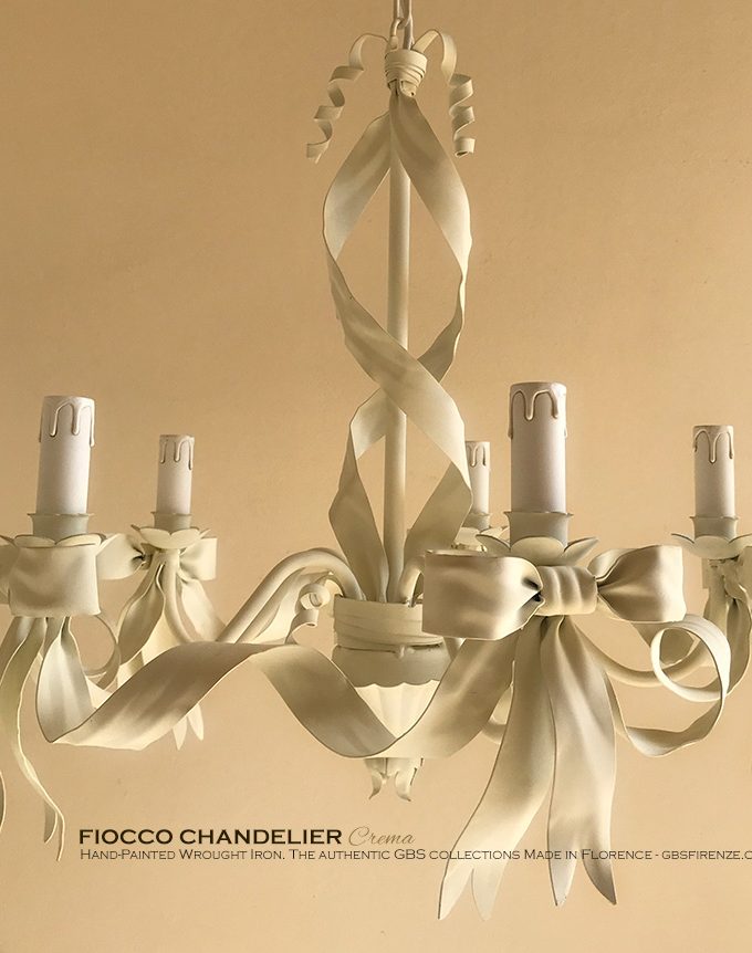 Bow Chandelier with 5 Lights. Cream Tempera. The authentic GBS Fiocco Chandelier. Made in Italy