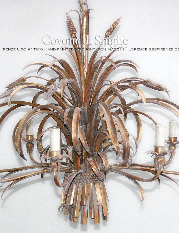 Lampadario Covone di Spighe. GBS Firenze. Ferro battuto e decorato a mano. Oro Antico. GBS, Made in Italy since 1925