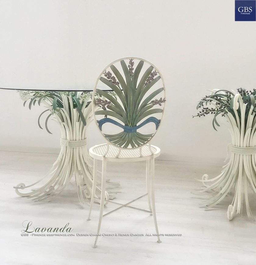 Sedia e Tavolo Covone di Lavanda. Ferro battuto e decorato a mano. Design Gianni Cresci & Renee Danzer