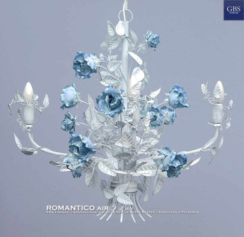 Lampadario Romantico -  Collezione AIR. In tempera. Ferro battuto e decorato a mano. A 5 Luci. Lampadario