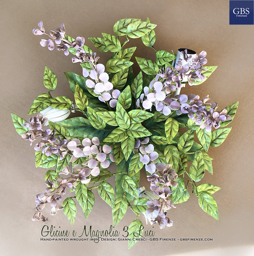 Plafoniera Glicine e Foglie Magnolia. 3 Luci