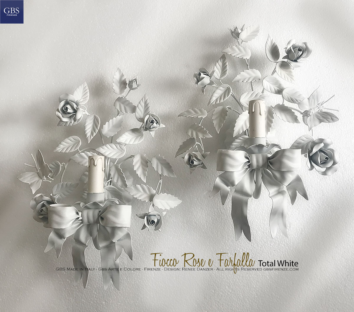 Total White. Applique Fiocco Rose & Farfalla. A 1 Luce. Colore bianco